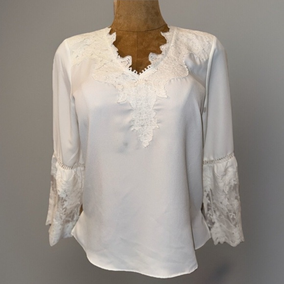 Reba Tops - REBA White Blouse With Lace Trim & Sleeves, Silky, Bell Sleeves Top western S​​